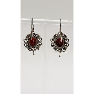 Sterling Silver 925 Red Maroon Spinel Stone Earrings Vintage Dangle Filigree